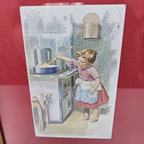 Framed Wall Art Vintage Postcard Girl Cooking Cottagecore Ready To Hang Kitchen - Picture 3 of 8